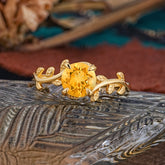 4 Prong Round Cut Citrine Nature Inspired Leaf Engagement Ring